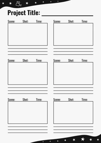Profesyonel film taslağı, 16: 9 dikdörtgen çerçeveler içerir. Film yapımcıları, tasarımcılar ve animasyoncular için mükemmel. Film tasarımı, sahne planlaması için ideal. Yazdırma için A4 boyut şablonu