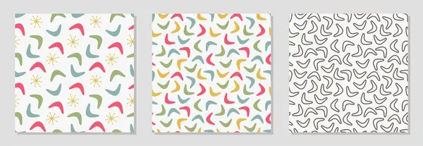 Üç dikişsiz bumerang desenli, soyut, oyuncu ve özgün görünümlü. Yazdırma ve dijital kullanım için hatırlanabilir dikişsiz bumerang desenleri