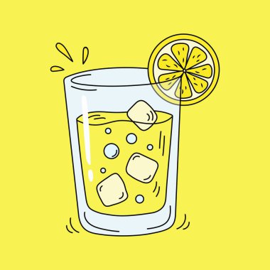 Limonata. Sarı arka planda izole edilmiş limon dilimli bir bardak taze meyve suyu. Limonlu, buzlu ve köpüklü yaz içeceği. Düz bir şekilde elle çizilmiş içecek illüstrasyonu