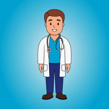 Mavi arka planda steteskobu olan ayakta duran bir çizgi film doktoru. Steteskopla duran genç erkek doktor.