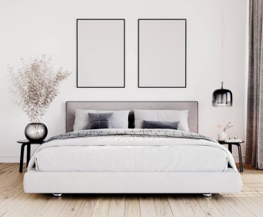 Contemporary interior design for interior mock up in bedroom. Scandinavian home decor with grey and white decor, wooden floor, 2 frame, template, 3d render