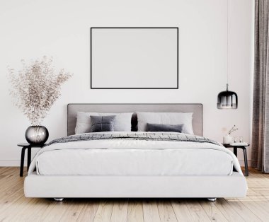 Contemporary interior design for interior mock up in bedroom. Scandinavian home decor with grey and white decor, wooden floor, template, 3d render