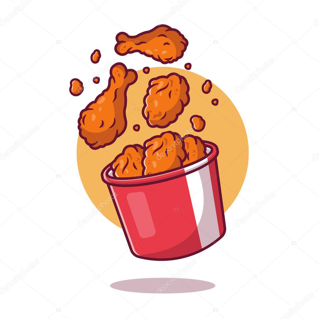 Flying fried chicken with bucket cartoon vector illustration. fast food concept isolated vector