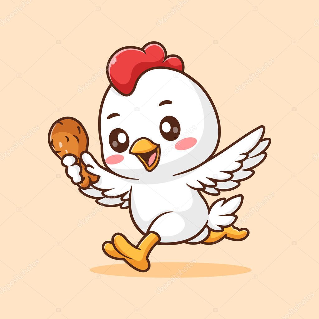 Cute Chicken run and Holding Fried Chicken Cartoon Vector Icon Illustration