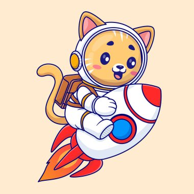 Uzay çizgi filmi vektör ikonunda rokete binen sevimli kedi astronot hayvan bilimi izole edilmiş.