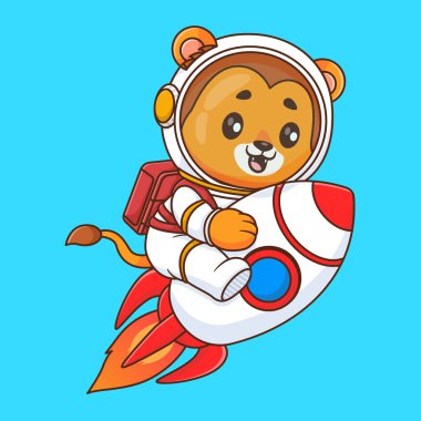 Uzay karikatürü vektör ikonunda rokete binen sevimli aslan astronot hayvan bilimi izole edildi.
