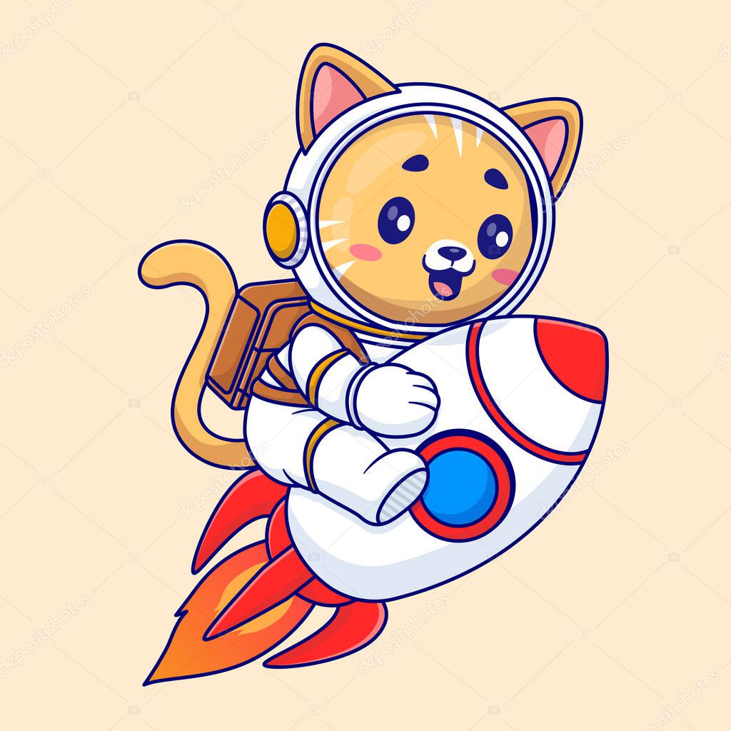 Cute cat astronaut riding rocket in space cartoon vector icon illustration animal science isolated