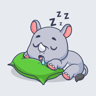 Yastık çizgi film ikonu resimleriyle uyuyan sevimli gergedan. Hayvan doğa ikonu konsepti izole vektör düz çizgi film biçimi