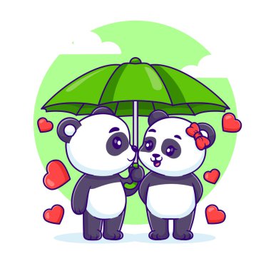 Cute panda couple standing under umbrella cartoon vector icon illustration animal nature icon clipart