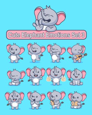 Çeşitli pozlardaki şirin fil çizgi film karakterleri etiketleri vektör çizimleri