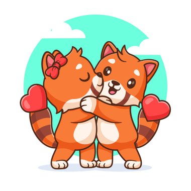 Sevgililer Günü karikatür ikonu çizimi için poz veren sevimli Red Panda çifti.