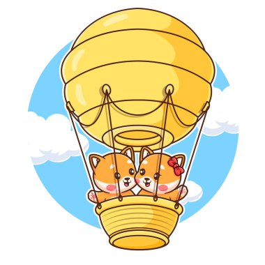 Cute shiba inu dog couple floating with the air balloons vector icon illustration clipart