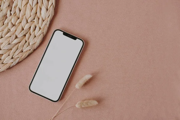 Blanco Scherm Mobiele Telefoon Met Kopieerruimte Neutrale Pastel Koraal Achtergrond — Stockfoto