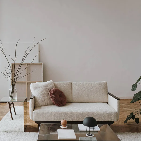 Ästhetisch Modernes Skandinavisches Wohndesign Elegantes Wohnzimmer Mit Gemütlichem Sofa Möbeln — Stockfoto