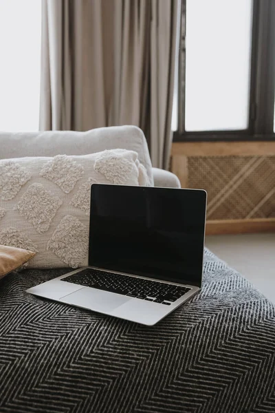 소파에 베개를 컴퓨터를 설치하는 집에서 일하고 프리랜서로 온라인 쇼핑도 온라인 — 스톡 사진