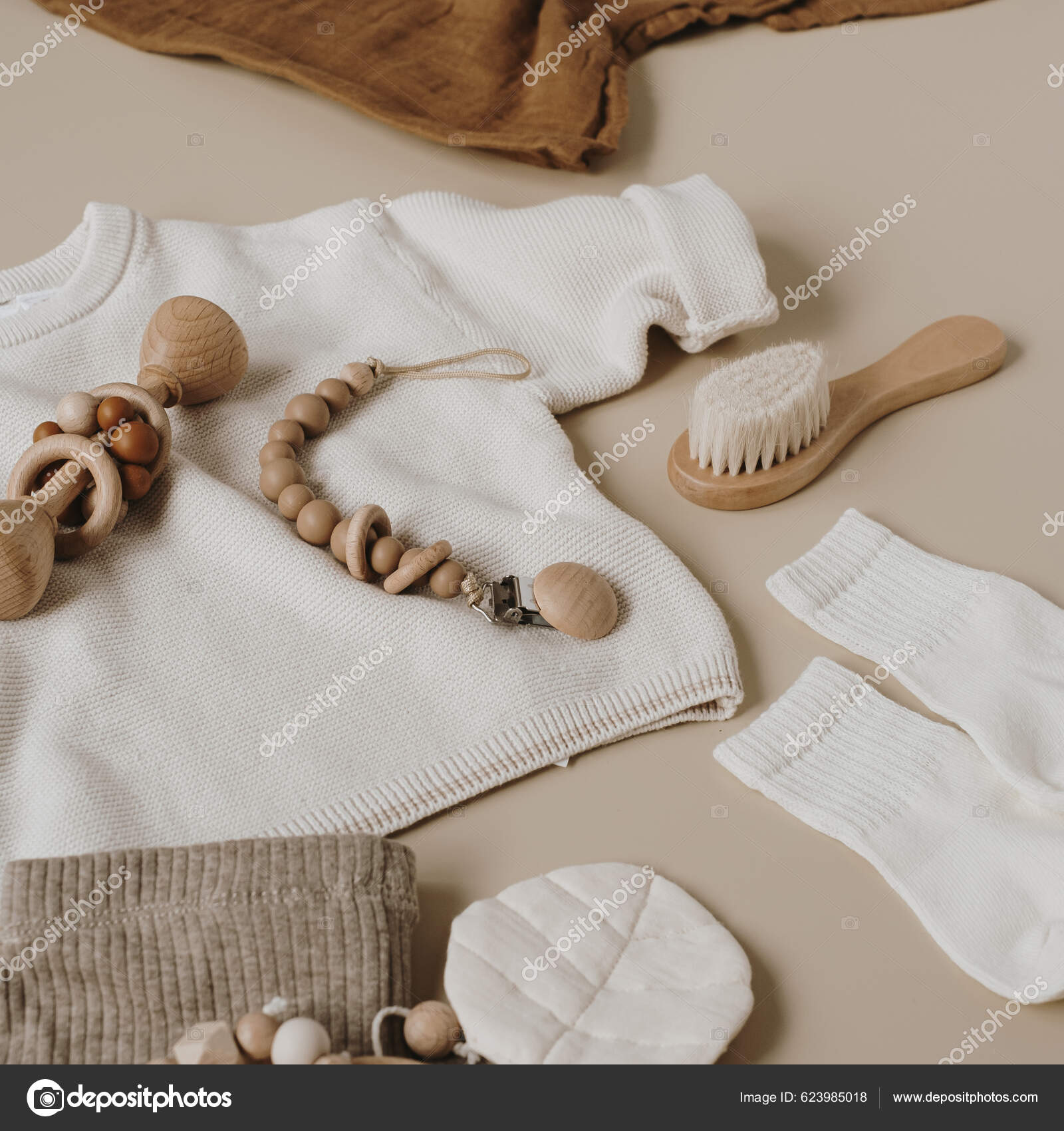 Aesthetic Scandinavian Newborn Baby Clothes Care Accessories Toys Neutral  Pastel Stock Photo by ©maximleshkovich 623985018