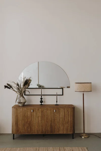 Estetický Moderní Skandinávský Design Interiéru Elegantní Bohémský Obývací Pokoj Dřevěnou — Stock fotografie