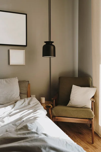 Aesthetic Elegant Modern Stylish Bedroom Interior Design Concept Cozy Neutral — Stock Photo, Image