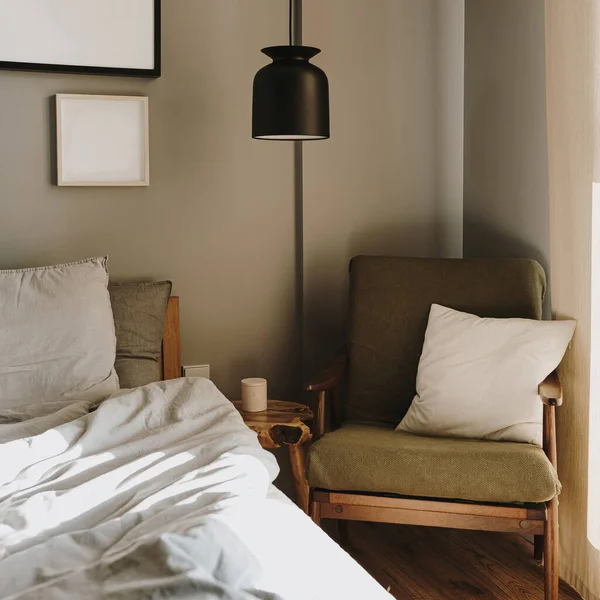 Aesthetic Elegant Modern Stylish Bedroom Interior Design Concept Cozy Neutral — Stock Photo, Image