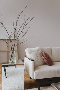Estetik modern İskandinav ev dekorasyonu. Rahat kanepesi, orta çağ mobilyası, rahat halısı, ahşap zemini, beyaz duvarları, ev bitkileri olan zarif bir oturma odası.