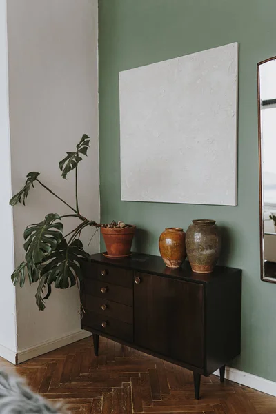 Elegant Scandinavian Hygge Style Home Living Room Interior Monstera Plant — Stock Photo, Image