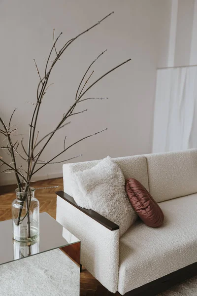 Elegantes Interieur Skandinavischen Hygge Stil Bequemes Sofa Kissen Weiße Wände — Stockfoto