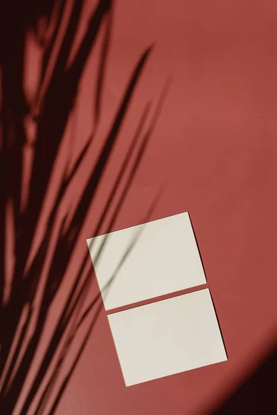 Paper Sheet Card Blank Mockup Copy Space Red Tan Background — Fotografia de Stock