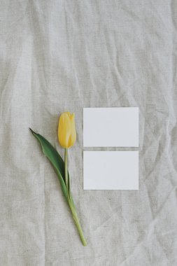 Fotokopi alanı olan boş kağıt davetiye kartları. Tarafsız keten kumaş arka planda sarı lale çiçeği. Düz konum, üst görünüm minimal çiçek bileşimi