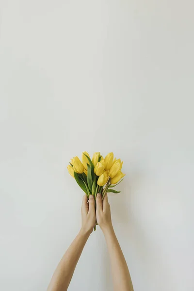 Yellow Tulip Flowers Bouquet Women Hands White Background Flat Lay — Stock Fotó