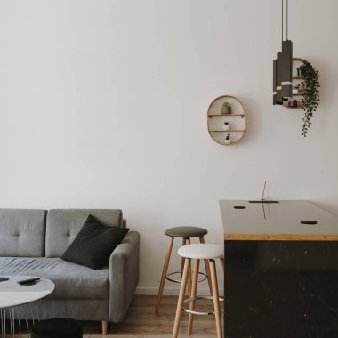 Estetik minimal ev, oturma odası iç tasarımı. Modern İskandinav iç tasarımı. Kiralık minimalist konforlu daireler
