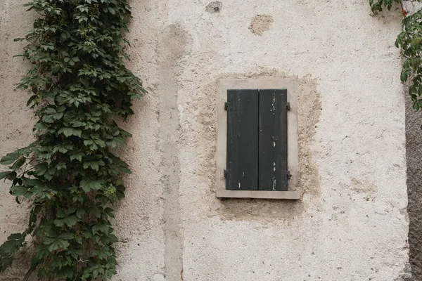 Rustikale Italienische Architektur Alte Hausfassade Mit Gebüsch Holzfenster Und Neutraler — Stockfoto