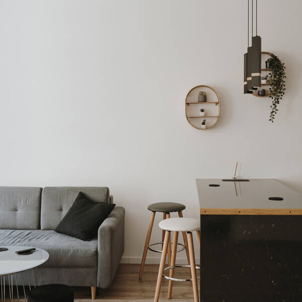 Aesthetic minimal home, living room interior design. Modern nordic Scandinavian interior design. Minimalist cozy apartments for rent