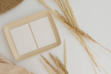 Fotokopi alanı olan boş kağıt kağıtlar. Pampas otları, muslin bezleri. Estetik bohem, en az ticari marka şablonu. Düz yatış, üst görünüm