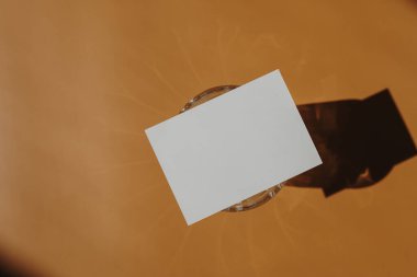Aesthetic luxury bohemian branding or invitation card template. Blank paper invitation card sheet with empty mock up copy space. Warm tan orange background and glass with sunlight shadows