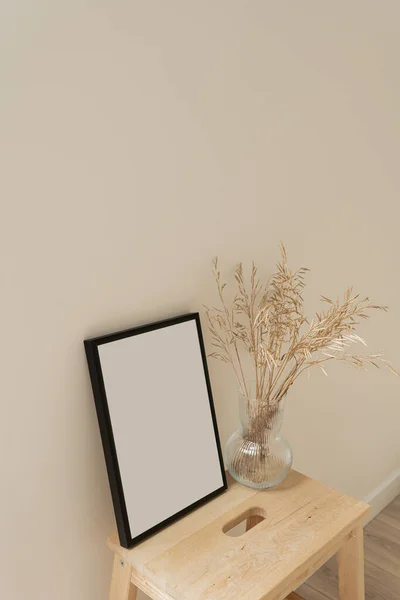 Blank Photo Frame Empty Copy Space Dried Grass Bouquet Neutral — Stock Photo, Image