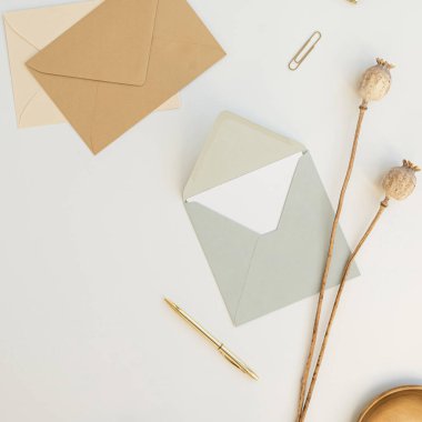 Tatil, yıldönümü kutlaması, parti daveti hazırlama konsepti. Davetiye kartları, el işi zarfları, haşhaş sapları, beyaz arka planda kalem. Düz yatış, üst görünüm