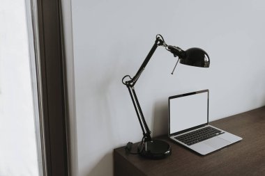 Modern iç tasarım konsepti. Parlak İskandinav ev ofis masa çalışma alanı dizüstü bilgisayar, lamba, sandalye