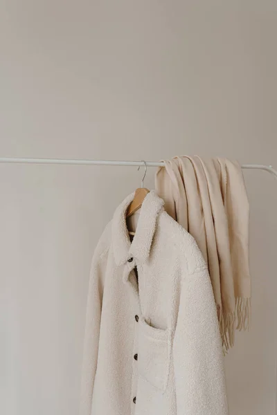 Autumn Outerwear Hanger White Wall Warm White Jacket Skirt Aesthetic — Stock Photo, Image