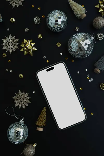 Flatlay Mobiele Telefoon Met Blanco Kopieerruimte Scherm Zwarte Achtergrond Esthetische — Stockfoto