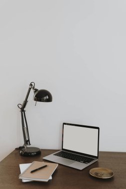 Lambayla dekore edilmiş boş bir fotokopi ekranı olan dizüstü bilgisayar. Estetik minimalist ofis çalışma alanı. Çevrimiçi dükkan, model şablonu kaydet