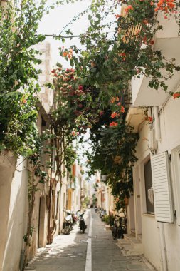 Yunanistan 'ın Girit kentindeki eski ortaçağ tarihi binaları ve çiçekleriyle sokak manzarası. Geleneksel Avrupa, Yunan mimarisi. Yaz seyahati