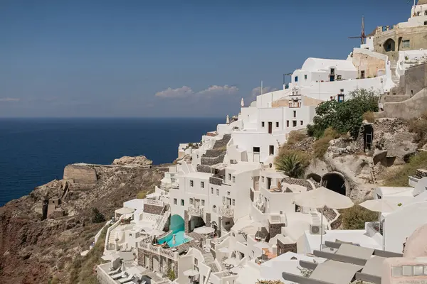 Vista Pitoresca Santorini Oia Grécia Edifícios Históricos Medievais Azuis Brancos Imagens De Bancos De Imagens Sem Royalties