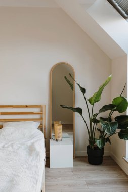 Modern iç tasarım konsepti. Minimum konforlu yatak odası. Ayna, tropik palmiye bitkisi, ahşap yatak, beyaz çarşaf, ahşap zemin