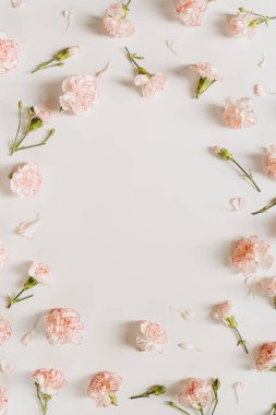 Minimum çiçek kompozisyonu yatıyordu. Beyaz arka planda pembe karanfil çiçekleri. Yaz, bahar konsepti. Boşluğu kopyala, üst görünüm