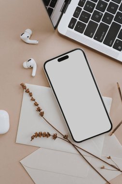 Boş ekranlı cep telefonu, dizüstü bilgisayar, kablosuz kulaklıklar, bej masadaki kurutulmuş çimenler. Sosyal medya için estetik nötr şablon, model için kopyalama alanı olan mobil web sitesi