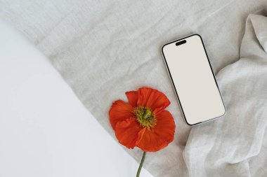 Boş kırpma yolu ekran cep telefonu, kopyalanmış kopya alanı ve buruşuk kumaş üzerinde gelincik çiçeği