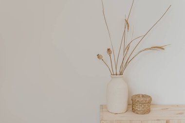 Estetik modern minimal ev dekorasyonu. Kil sürahide kurumuş çimen, beyaz duvarın üzerinde rattan tabut. Tarafsız bej rengi ev dekorasyonu kavramı