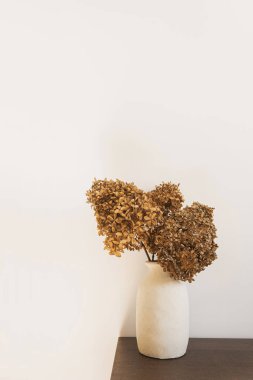 Beyaz kil vazoda kurutulmuş ortanca çiçeği buketi