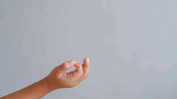 Young girl holding something on light grey background, closeup of hands. Copy space.