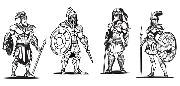 Charachters Dibujo Para Caballero Medieval Guerreros Soldados Espartanos Tinta Dibujo — Archivo Imágenes Vectoriales